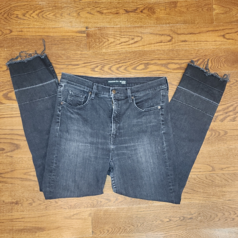 Veronica Beard Black Distressed Ryleigh Slim Straight High Rise Jeans